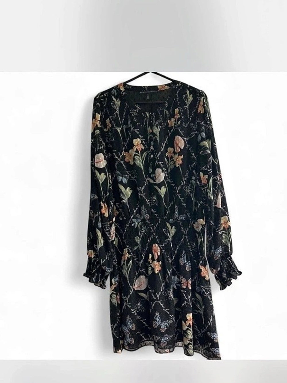 White House Black Market Love At First Sight Script Floral Blouson Dress Black &